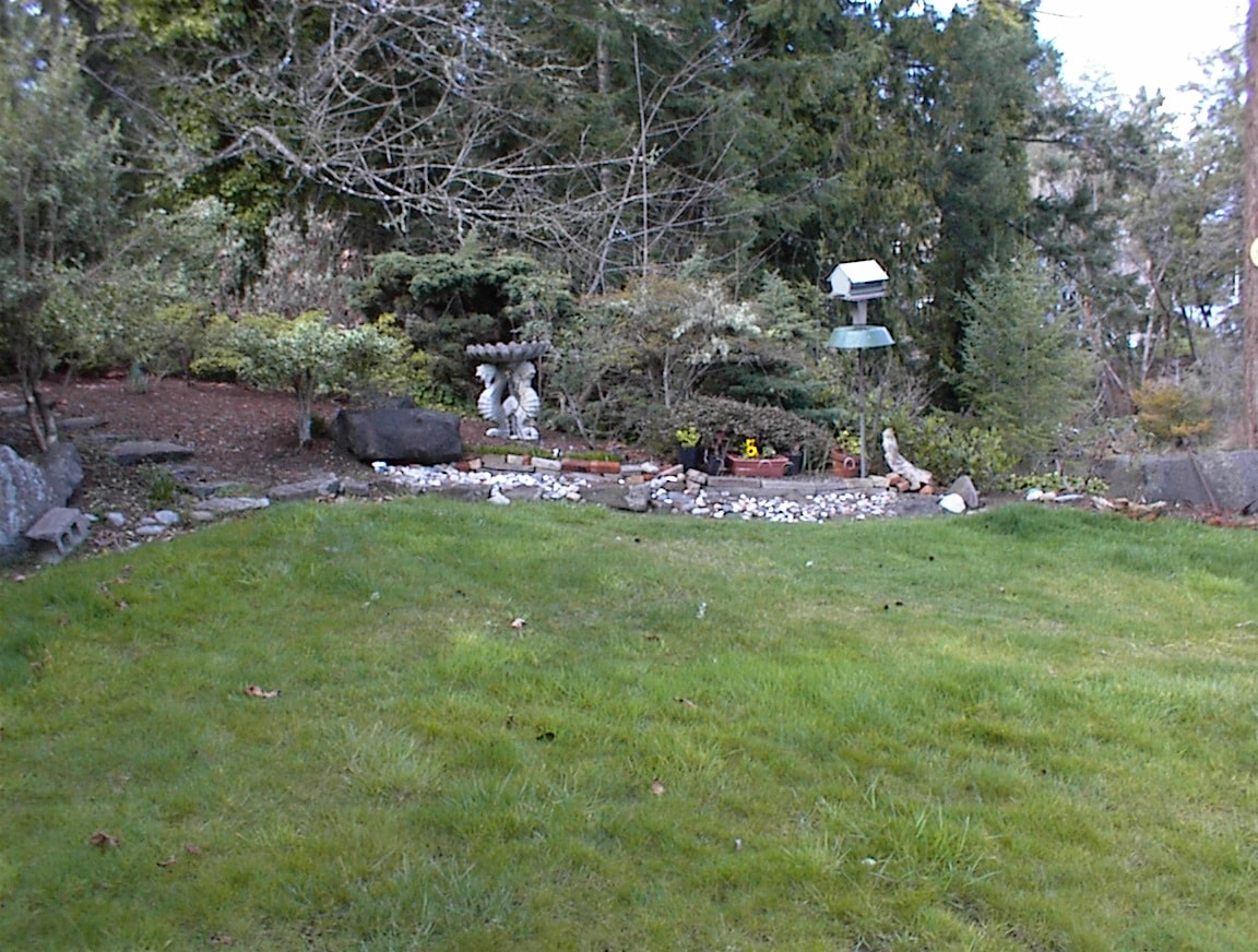 Front yard garden with birdbath statue, birdfeeder and lawn